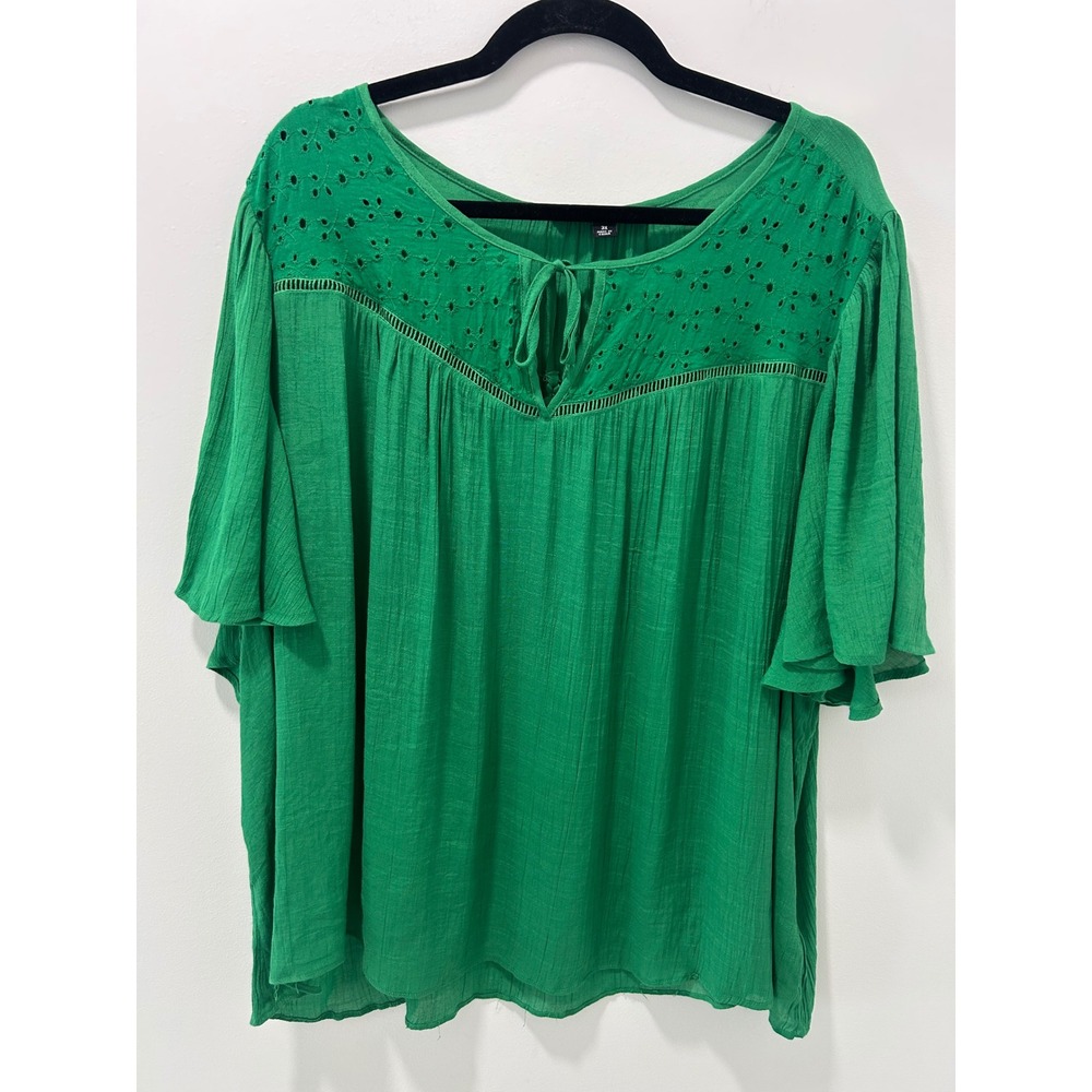 Zac & Rachel Woman Green Eyelet Gauze Blouse Plus Size 3X Short Sleeve Top